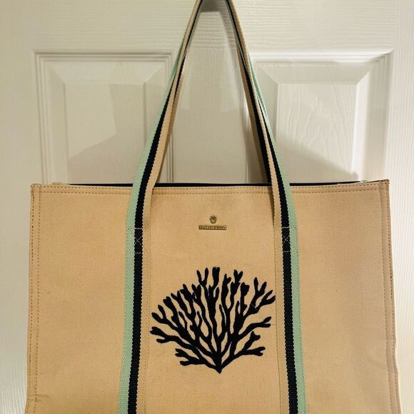 Spartina 449 Tan Tote with Navy Coral Motif - Picture 3 of 8